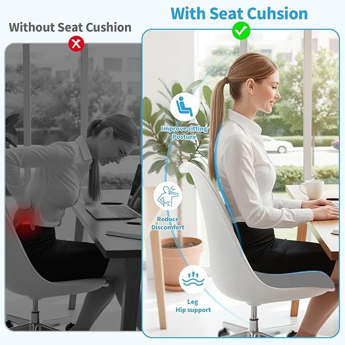 TranquilRelax Large Seat Cushion, Memory Foam Cushion for Long Sitting Hours on Office Chair, Home & Car, Non-Slip Chair Pad for Relieving Back & Sciatica & Hip & Coccyx Pain (Light Grey)