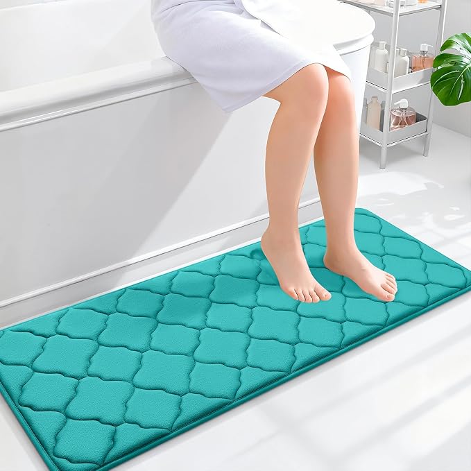 OLANLY Memory Foam Bath Mat Rug 47x17, Ultra Soft and Absorbent Bathroom Rugs, Non-Slip, Comfortable, Machine Washable Bath Carpet for Bathroom Floor, Tub, Shower and Home Decor Accessories, Teal
