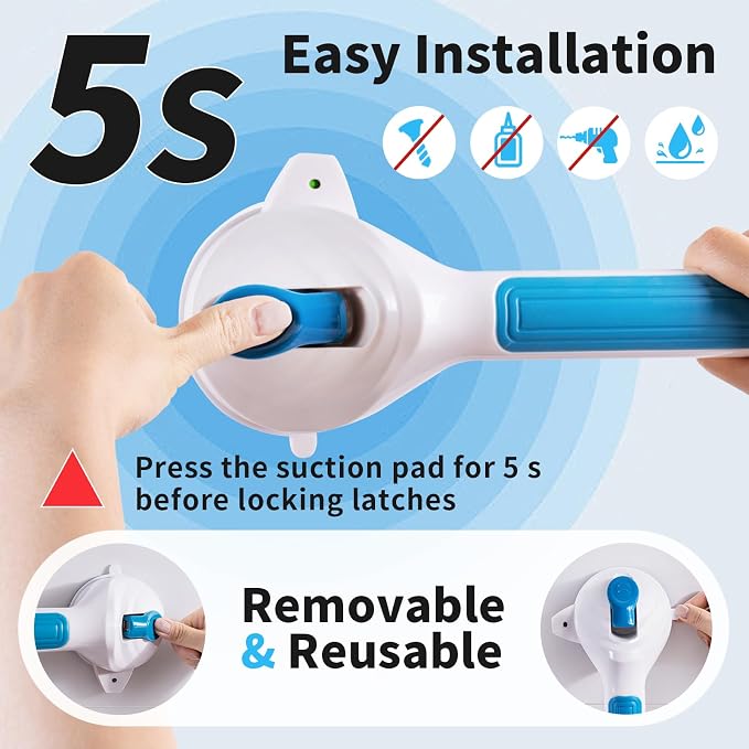 Shower Grab Bars for Seniors 2 Pack,16.8" Suction Shower Handle with Safety Indicator, No-Drill Bathroom Safety Rails for Elderly, Bathtub & Tile/Glass (Blue)