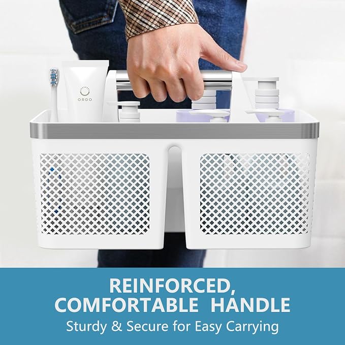 BYUNER Plastic Shower Caddy Dorm: Portable Bathroom Caddy Organizer with Handle and Holes, Cleaning Basket, Hard Shower Basket Storage Tote for Toiletry, College Dorm Room Essentials White/Silver