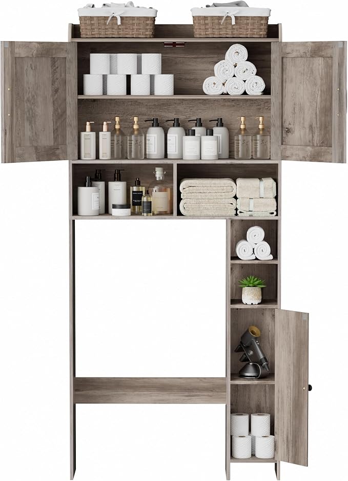 Homhedy Over The Toilet Storage Cabinet with 2 Barn Door and Toilet Paper Holder Stand, FreeStanding Toilet Shelf Space Saver, for Bathroom, Restroom, Laundry, Greige