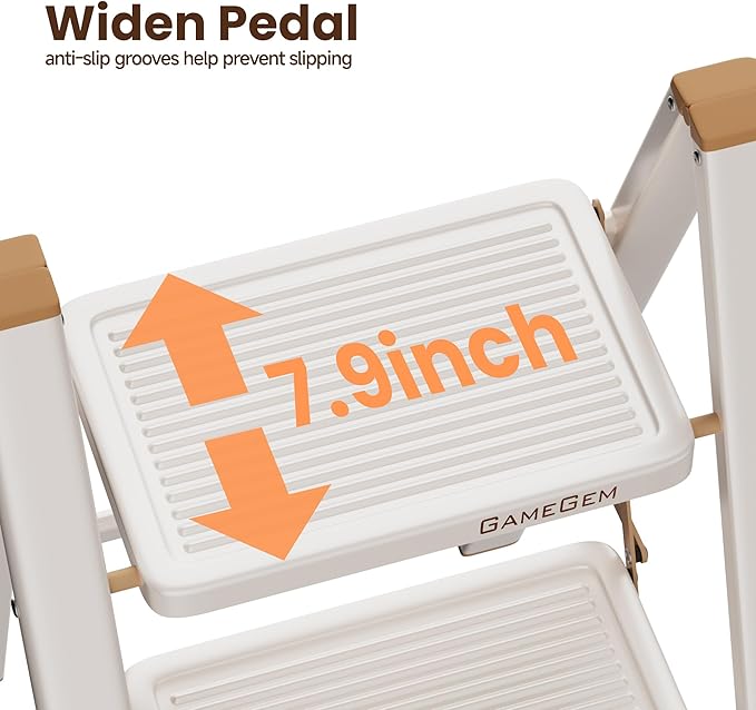 3 Step Ladder, Foldable Step Stool with Anti-Slip Pedal, Portable Iron Stepladder for Home and Kitchen, Easy to Store-Cream Chocalate(300LBS)