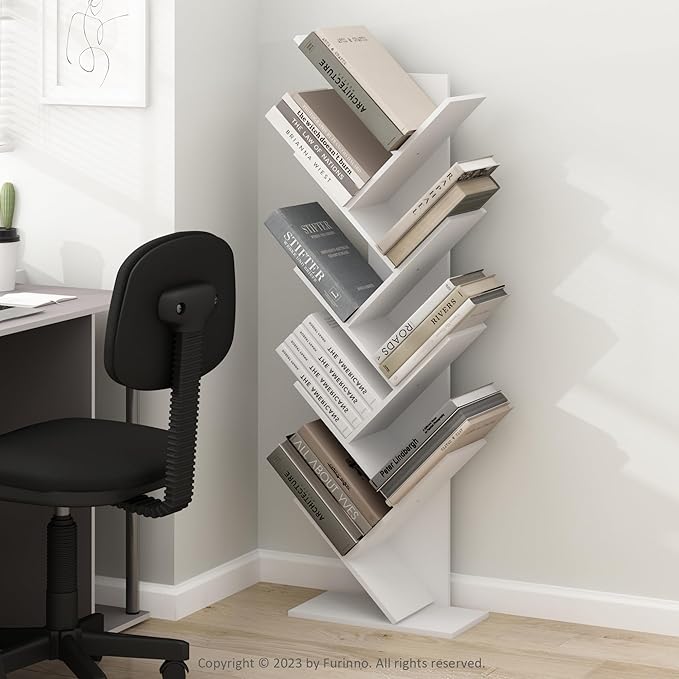 Furinno TREE Book Shelf, 9-Tier Bookshelf, Tree Bookcase with Angled Open Shelf, 8.4 x 15.7 x 50.9, for Room Decor, for Living Room, Bedroom, Home Office, White