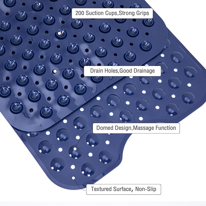 Extra Long Bathtub Mat Non Slip, Navy Blue Soft Bath Mat for Tub 40 x 16 Inch Full Size, Bath Tub Shower Mats for Bathroom Floor, Big Suction Cups and Drain Holes, Easy Washable, BPA Free