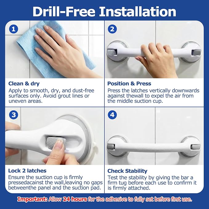 Grab Bars for Shower, 2 Pack Suction Cup Shower Handle with Textured Grip, 16.5 Inch Removable Bath Handrails for Seniors, Elderly and Handicap, Drill-Free Balance Support for Smooth Tile