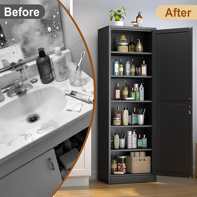 Tall Metal Narrow Bathroom Storage Locker Cabinet 67" H, Tall Black Pantry Cabinets with 5 Adjustable Shelves and Lockable Doors for Kitchen, Home Office, Living Room, Dining Room