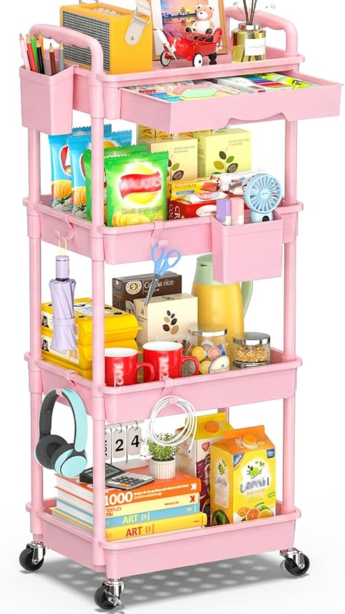 SUNALLY 4 Tier Rolling Utility Cart with Drawer, Storage Organizer Cart with 2 Lockable Wheels, Multifunctional Rolling Storage Cart for Bathroom, Kitchen, Craft, Makeup, Baby Essentials, Pink