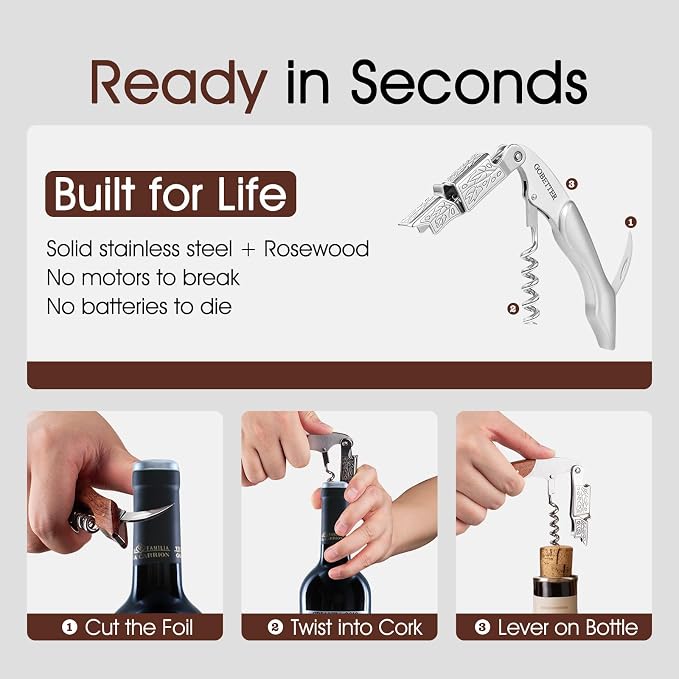 GOBETTER Wine Opener, Professional Corkscrews for Wine Bottles Cap Remover, Manual Wine Key for Home Use, Servers, Waiters Bartenders and Wine Lovers, Stainless Steel