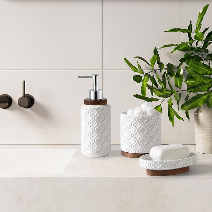 RQYIXI Elegant 5 PCS Ceramic&Wood Bathroom Accessories Set:Soap Dispenser,Toothbrush Holder,Tumbler,Soap Dish,Cotton Swab Jar,Easy to Clean,Quatrefoil Pattern,White-Affordable Home Luxury