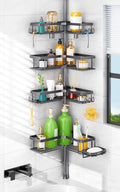 HAMITOR Corner Shower Caddy Tension Pole: 4-Tier Rustproof Bathroom Shampoo Organizer Shelf with Soap Holder - No-Drill Adjustable Standing Tension Pole Rack for Family - 47-123 Inch Gray