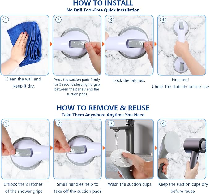 Grab Bars for Showers and Bathtubs 2 Pack, Yenisyea Suction Cup Shower Handles for Elderly and Seniors, Heavy Duty Shower Safety Bars for Bathroom Removable No Drill, 12 Inch