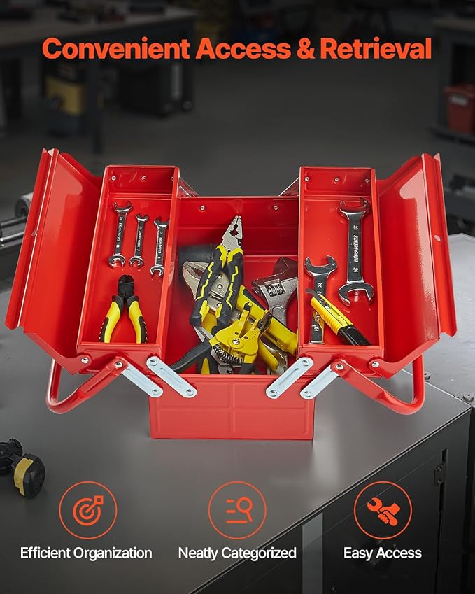 VEVOR Metal Tool Box, 14-inch, 2-Tier 3-Tray Portable Folding Tool Chest Organizer with Handle & Lock Hole, Powder Coated Steel, Cantilever Toolbox for Household Factory Warehouse Repair Shop, Red