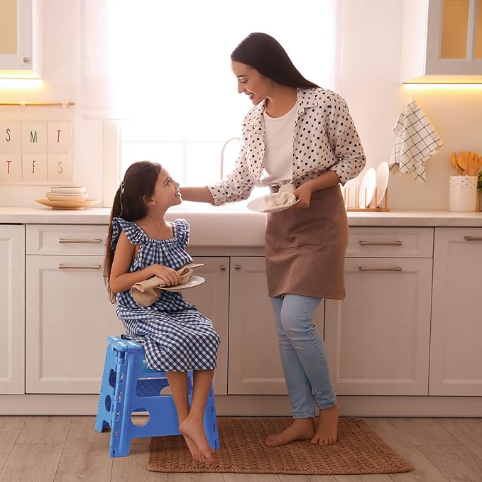 Korpai 13" Folding Step Stool for Adults and Kids Holds Up to 300 lbs,Non-Slip Folding Stools with Portable Handle, Compact Plastic Foldable Step Stool for Bathroom,Bedroom, Kitchen,Sky Blue,1PC