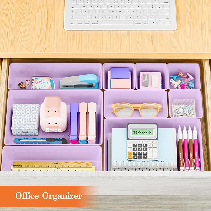 SpaceHacks 25 PCS Plastic Drawer Organizer Set, 4-Size Versatile Organizer Trays & storage Bins for Makeup, Jewelry, and Gadgets in Bathroom, Bedroom and Office, Purple