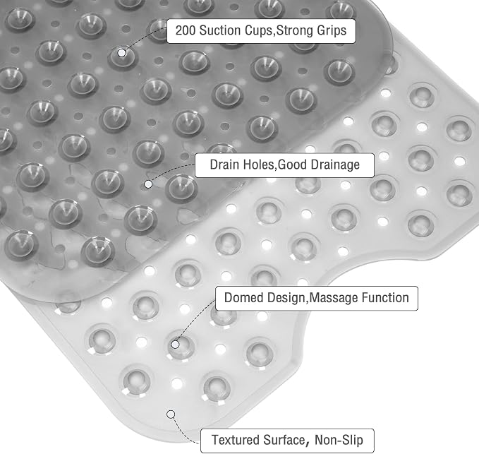 Extra Long Bathtub Mat Non Slip, Clear Gray Soft Bath Mat for Tub 40 x 16 Inch Full Size, Bath Tub Shower Mats for Bathroom Floor, Big Suction Cups and Drain Holes, Easy Washable, BPA Free
