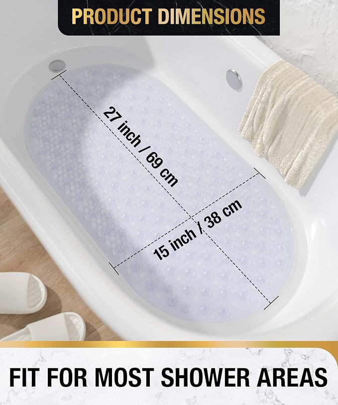 HITSLAM Bathtub Mat Non Slip, 27x15 Inch Bubble Oval Bath Tub Mat for Bathroom, Machine Washable Shower Mat with Suction Cups and Drain Holes, Clear 2 Pack