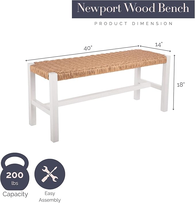 Alaterre Furniture Newport 40 Inch Solid Wood Entryway Bench - Modern Farmhouse Indoor Decorative Bench with Handcrafted Woven Rope Seat - Furniture for Entryway, Dining Room, or Kitchen (White)