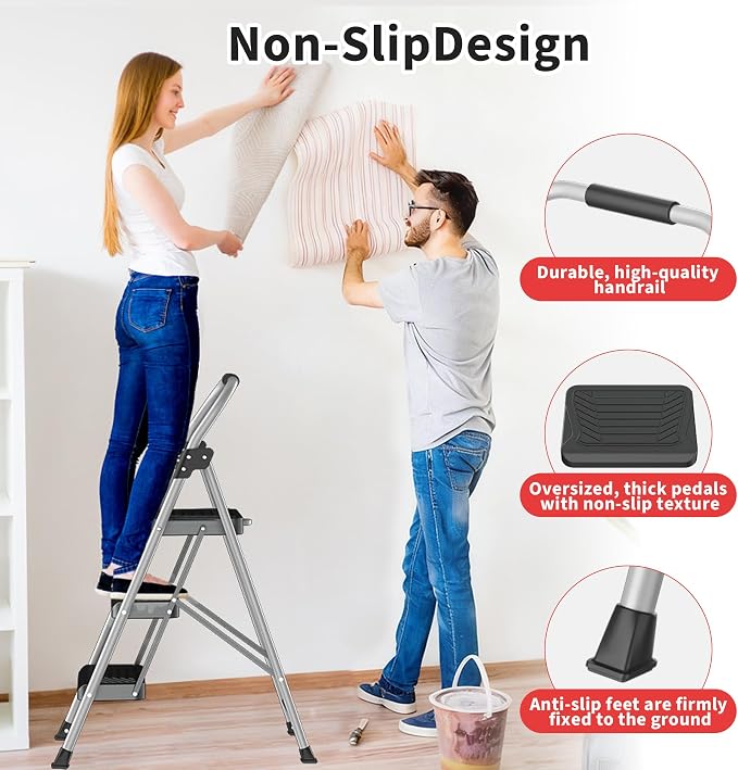 DIAMONDFORGE 3 Step Ladder, Folding Step Stool with Anti-Slip Wide Pedal, Soft Handle, Anti-Slip Feet, Sturdiest Steel Construction, 900lbs Capacity Steel Ladder for Home and Office, GrayBlack