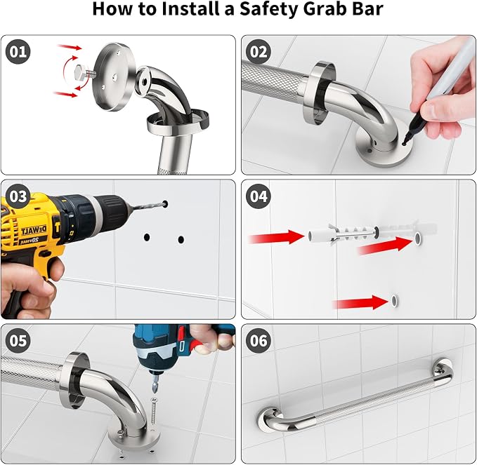 Polished Chrome Grab Bar 24 Inch, iHansee Anti-Slip Bathroom Grab Bar w/Knurled Grip, Stainless Steel Safety Handrail for Toilet Bathtub, Wall Mounted Shower Handle Handicap Bars for Senior Elderly