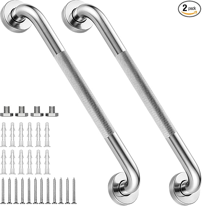16 Inch Shower Grab Bar 1.25" Dia, 2 Pack Nickel Anti Slip Bathroom Grab Bar, 304 Stainless Steel Knurled Handicap Grab Bars, Safety Support Handrail,Bath Shower Handle for Elderly Injury Senior