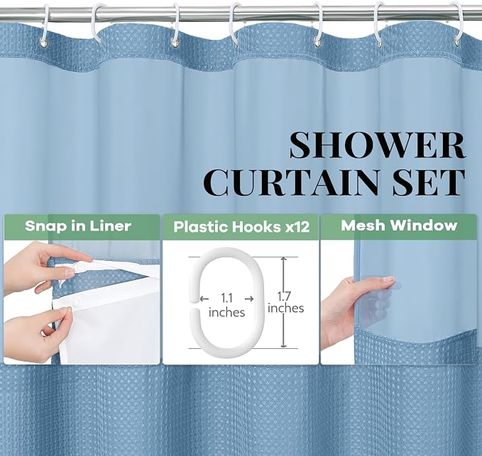 Dynamene Fabric Shower Curtain with Snap in Liner, Waffle Hotel Shower Curtains for Bathroom, Washable Waterproof Cloth Shower Curtain Liner Set with Hook, Mesh Top Window, 72x72, Moonlight Blue