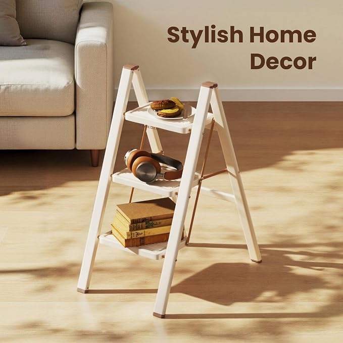3 Step Ladder, Foldable Step Stool with Anti-Slip Pedal, Portable Iron Stepladder for Home and Kitchen, Easy to Store-Cream Chocalate(300LBS)