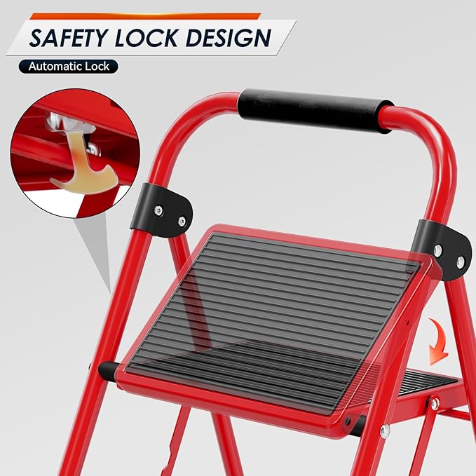 Urackify Step Ladder, 4 Step Ladder with Anti-Slip and Wide Pedal, Portable Foldable Step Stool with Handgrip, Sturdy Step Ladder for Home Kitchen Household, Red