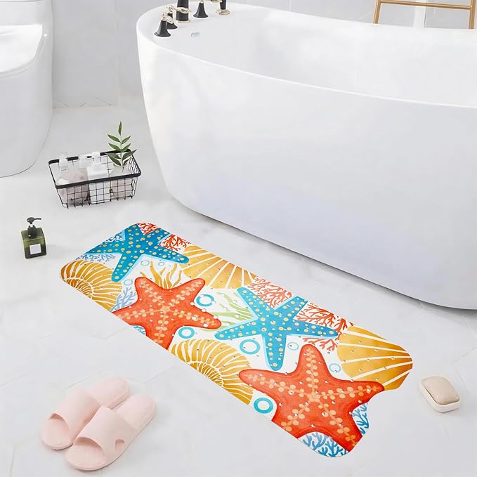 Ocean Bathtub Mat Non Slip, Cute Baby Bath Mat for Tub Rubber Tub Mat, Starfish Seashells Toddler Kids Bath Mats for Bathroom Anti Slip Shower Mat with Suction and Drain Holes Machine Washable,40″x16″