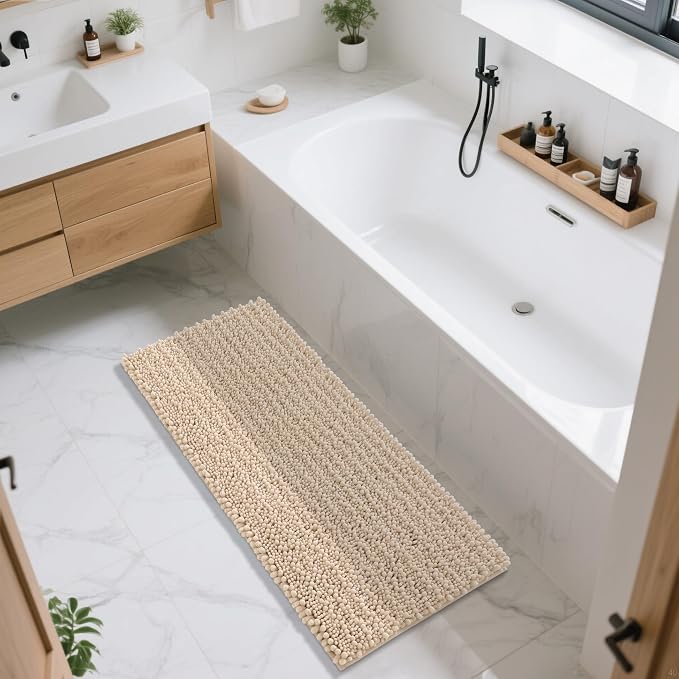 Yimobra Bathroom Runner Rug 55x24 Inch - Extra Long Non Slip Chenille Bath Mat, Soft & Absorbent, Machine Washable Shaggy Hallway Carpet for Vanity Tub Shower, Light Brown Home Decor Accessories