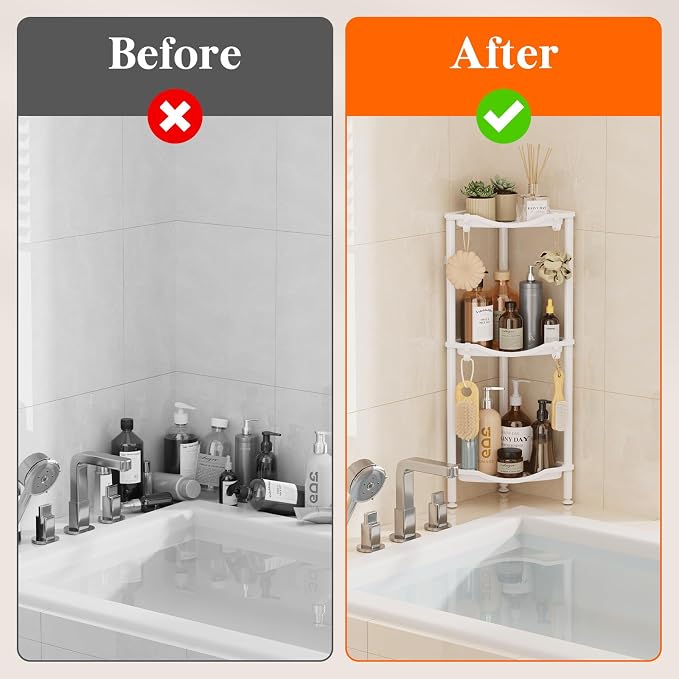 Lifewit Floor Standing Shower Caddy Corner, 3 Tier Plastic Shower Stand Rack with Adjustable Feet and Hooks, Rustproof Bathroom Shelf Organizer, White, 34 x 24 x 75 cm/13 x 9.5 x 29.5 inch