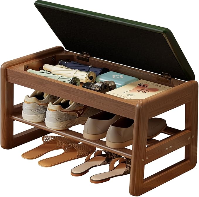 AQIMUELE Shoe Rack Bench,2 Tiers Shoe Bench with Storage with Flip-Top,Wood Shoe Rack for Entryway,Hallway（Green Upholstered Seat,11.8" D x 23.62" W x 15.7" H
