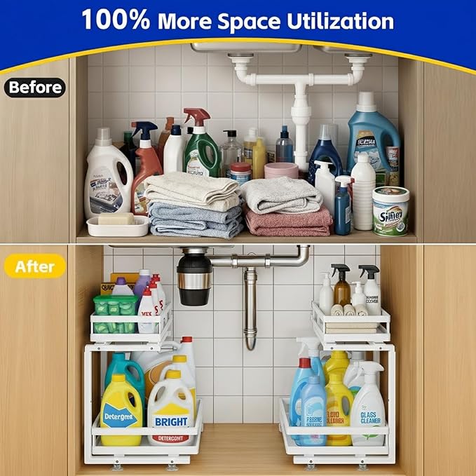 Under Sink Organizer, Dual-Rail Ball-Bearing, Under Kitchen Sink Organizer, 6-Level Adjustable, Under Cabinet Organizer, No-Drill Adhesive/Suction, Under Sink Storage (White, Double Layer - 1 Pack)