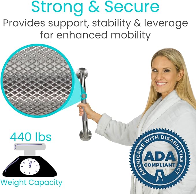 Vive Shower Bars for Elderly - Grab Bar Bathroom Antislip Handrail for Seniors, Elderly Assistance Product, Heavy Duty Shower Handles, Handicap, Stainless Steel, Multipurpose, 440 lbs