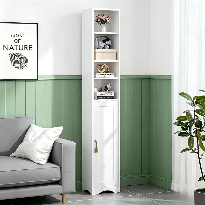 VECELO 71" Tall Narrow Storage Cabinet, Bathroom Storage Slim Freestanding Cabinet with Door & 6 Adjustable Shelves, Anti-Tip Design for Small Space, Kitchen, Living Room, White