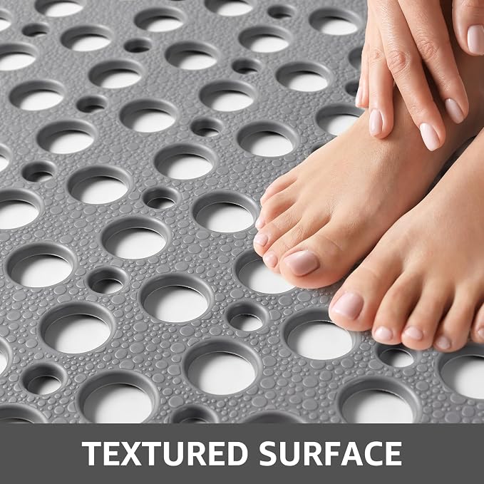 Yolife Large Shower Mat, 35 x 24 inch Non Slip Shower Mats for Inside Shower with Drain Hole, No Odor Soft TPE Shower Floor Mat, Extra Large Non Slip Shower Mat with Suction Cups, Grey
