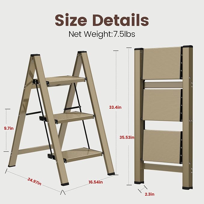 HBTower Step Ladder,Lightweight Aluminum Folding Step Stool with Anti-Slip Wide Pedal,330lbs Capacity Step Ladder for Household,Kitchen,Office - Gold