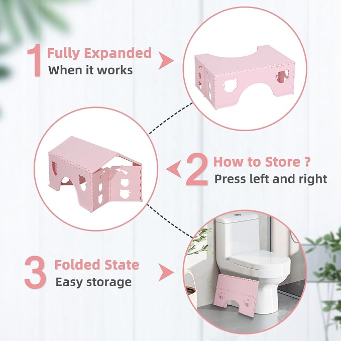 7inches Foldable Toilet Stool (Pink), Ergonomic Squatting Aid with Non-Slip Feet for Improved Bowel Movement, A Good Helper to Effective Relief of Constipation, Easy to Storage Toilet Squat Stool
