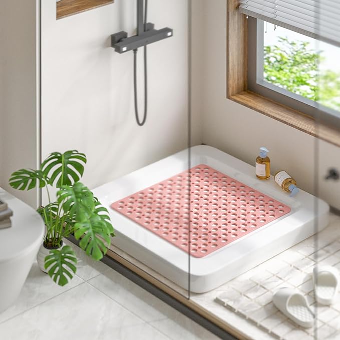 HITSLAM Shower Mat Anti Slip, 21x21 Inch No Odor Soft TPE Bathroom Shower Stall Floor Mat, Square Bath Mat for Tub Non Slip with Suction Cups and Drain Holes, Machine Washable, Soft on Feet, Pink