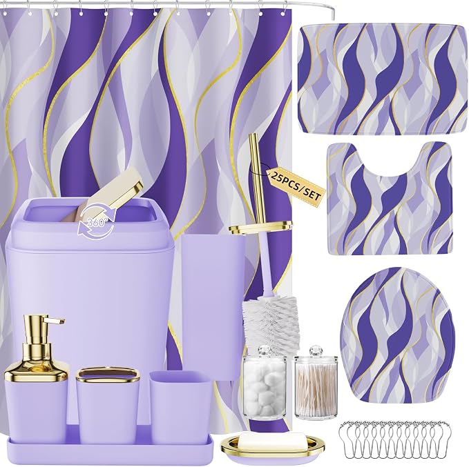 XLHOMO Bathroom Set - Purple and Gold Bathroom Accessories, Bathroom Sets with Shower Curtain and Rugs, Purple Shower Curtain Set with Bathroom Trash Can, Soap Dispenser, Soap Dish for Home Decor