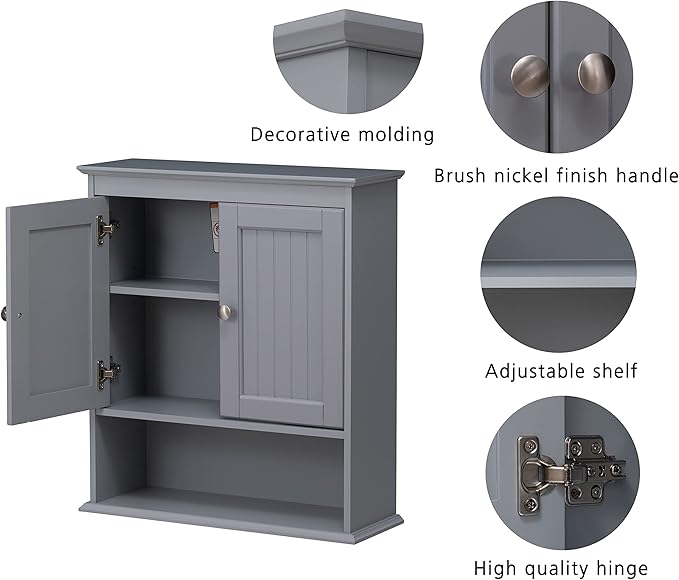 Spirich Bathroom Wall Cabinet, Wall Mounted Medicine Cabinet Organizer, Over The Toilet Storage Cabinet with Doors and Shelves, Gray