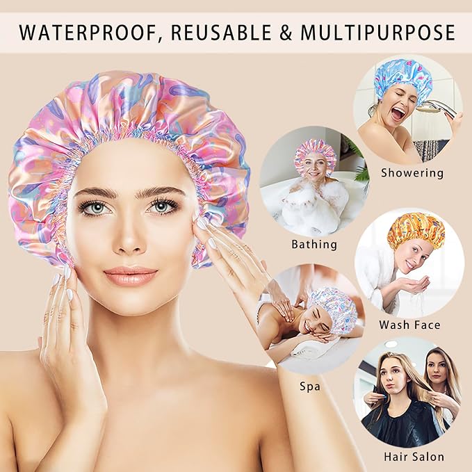4 PCS Shower Cap for Women, Elastic and Reusable Bath Caps, Double Layers Shower Caps Reusable Waterproof, Bathing Shower Caps, Environmental Bath Hair Protection Cap - Watermelon