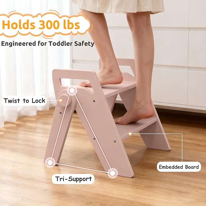 Wooden 2 Step Stool for Toddler Kids Bathroom Foldable 2-Step for Toilet Potty Training, Child Stepping Stool for Kitchen Nursery Bedroom Pink