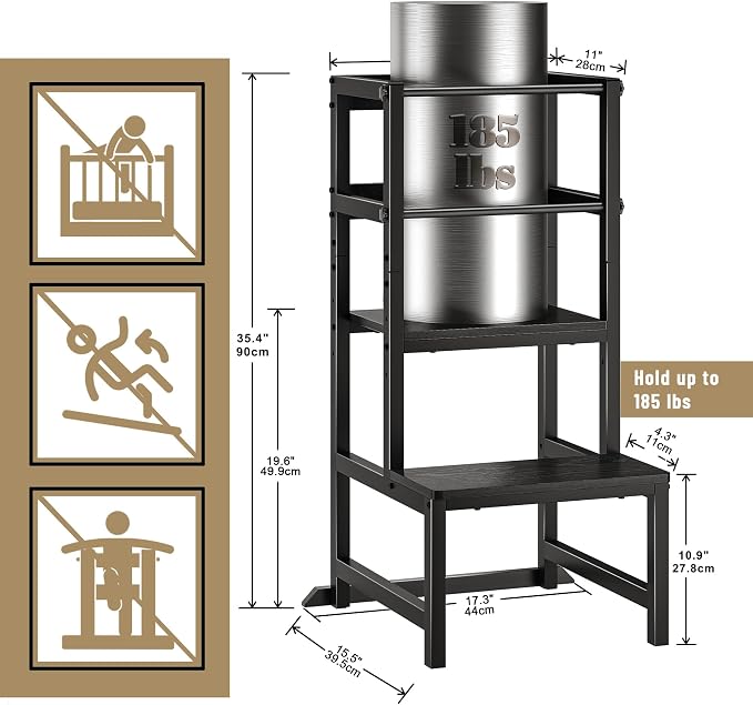 INNOD Kitchen Step Stool for Toddlers, Height Adjustable Toddler Tower with Safety Rail, Steel and Wood Toddler Kitchen Stool Helper Kids, Stool for Kids, Learning Tower, Kids' Desk Black