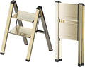2 Step Lightweight Folding Ladder for Home, 330lbs Aluminum Step Ladder Anti-Slip for Kitchen, Step Stool Foldable Adults for Closet, 330lbs - Champagne Gold