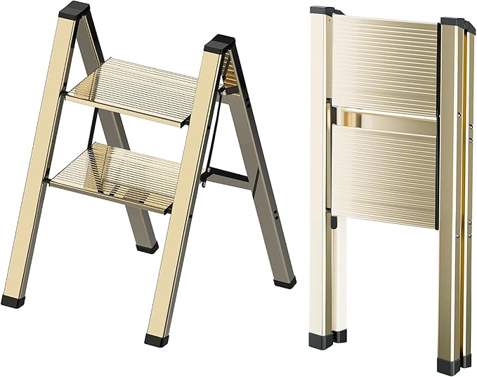2 Step Lightweight Folding Ladder for Home, 330lbs Aluminum Step Ladder Anti-Slip for Kitchen, Step Stool Foldable Adults for Closet, 330lbs - Champagne Gold
