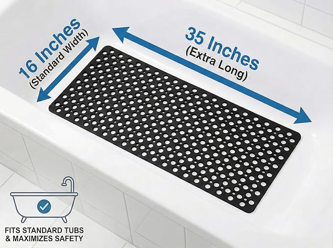 Nonslip Bath Tub Shower Mat with Suction Cups, Extra Soft TPE Bath Mat for Kids, Bathtub Bathroom Mats, Machine Washable, Smooth/Non-Textured Tubs Only, 35L x 16W Inch(Black)