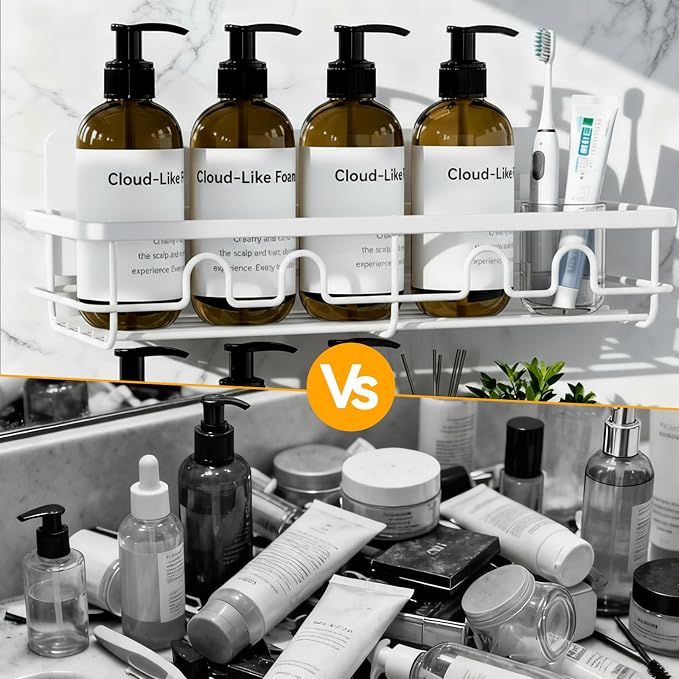 Adhesive Shower Caddy, Large Capacity Shower Racks for Inside Shower, No Drill Bathroom Shower Organizer and Storage, 2 Pack White Bathroom Shelves, Home Decor Rv Accessories, Apartment