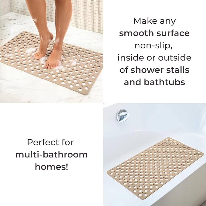 Beige Non Slip Shower Mat and Bathtub Mat TPE Strong Suction Cups Aesthetic Bath Mat for Inside Shower with Soft Texture, Quick-Dry Drain Holes, Spa-Inspired Design 30x17” (75x43 cm)