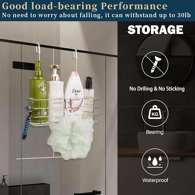 2pcs Single-Layer Hanging Shower Caddy, Rustproof Shelves Rack with Rotatable Hook bar, Large Capacity Bathroom Organizers and Storage, No Drilling Shampoo Bracket