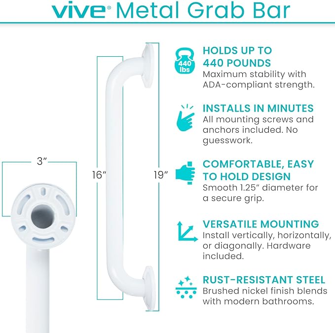 Vive Grab Bar for Showers - Bathroom Antislip Handrail for Seniors, Elderly Assistance Product, Heavy Duty Shower Handles, Handicap Grab Bars, Stainless Steel, Multipurpose, 440 lbs (White)